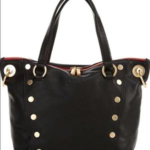 Hammitt Daniel Medium Black Leather Brushed Gold Red Zip